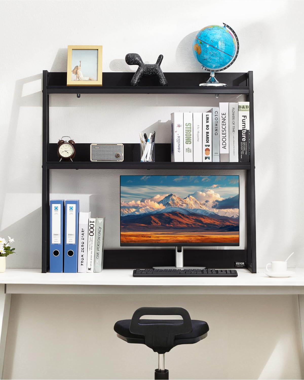 VEVOR Schreibtisch Bücherregal 2-stufiger Organizer (95 x 32 x 90 cm) Tischregale Organizer Ausstellungsregal aus Spanplatten + Melaminpapier + Q195A, Regal mit rutschfesten Füßen, Büro schwarz