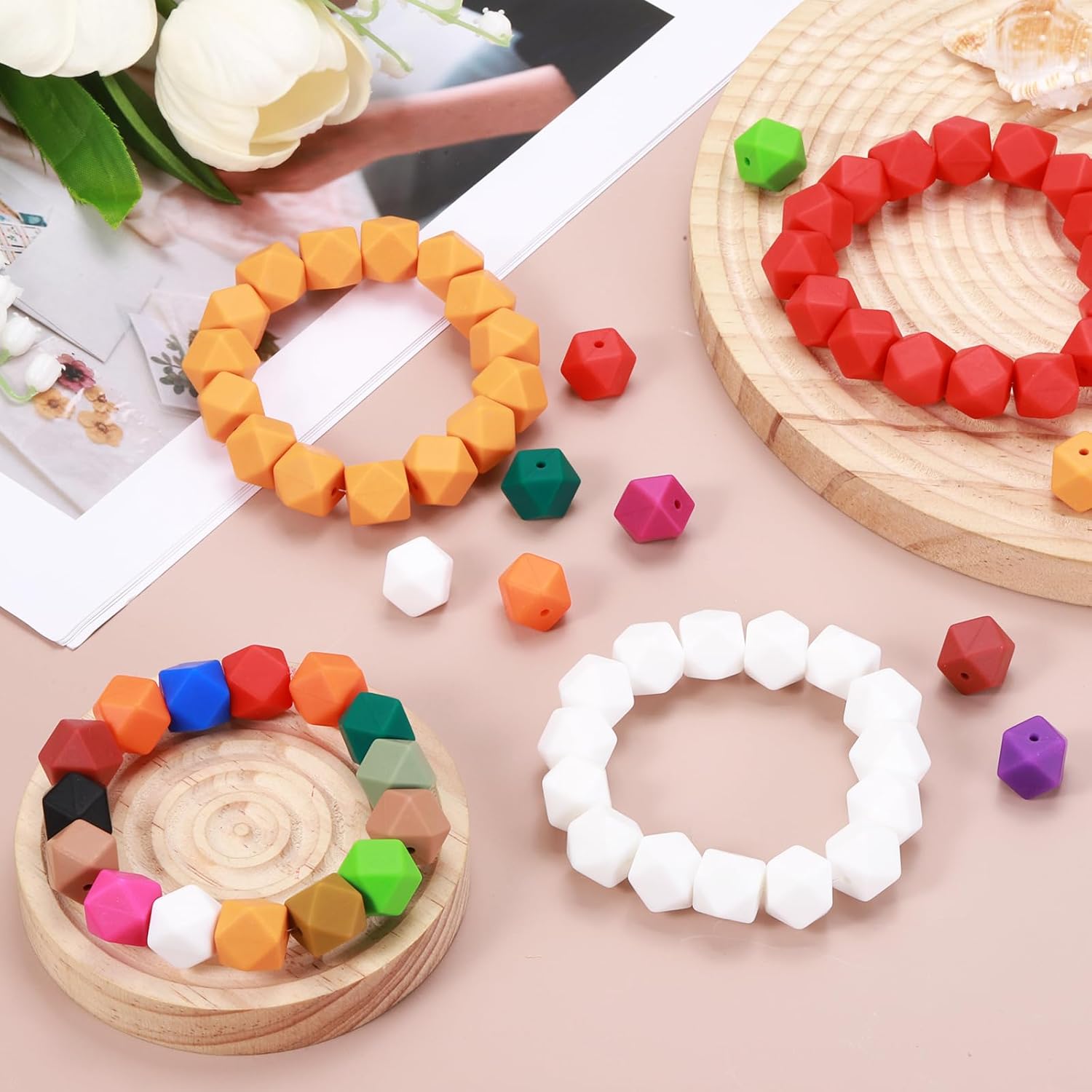 HARFINGTON 96Pcs Silicone Beads 14mm Hexagon Rubber Focal Beads Bulk for Pens Keychain Bracelet Necklace DIY Crafts Making, Magenta - Image 3