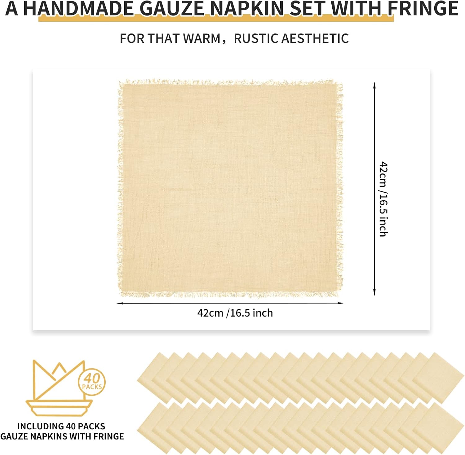 40 Packs Ivory Cloth Napkins Cotton Linen Napkins Bulk 16.5 x 16.5Inch Light Beige Handmade Gauze Napkins with Fringe, Natural Soft Cotton Rustic Dinner Napkins for Wedding Party Christmas Decoration
