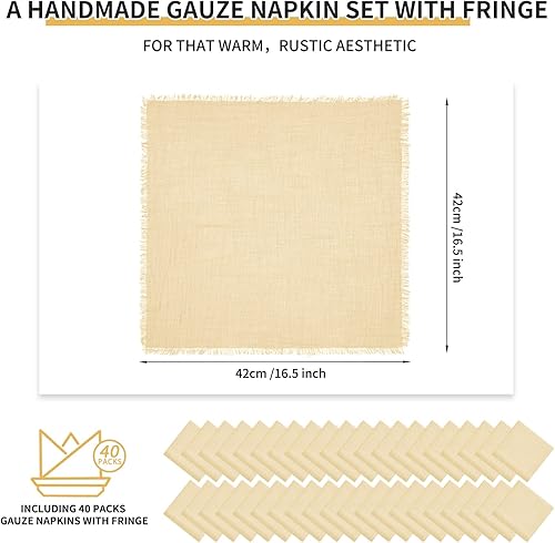 Miniatura 2 de Paquete de 40 servilletas de tela marfil de algodón y lino a granel de 16.5 x 16.5 pulgadas, servilletas de gasa hechas a mano con flecos, de