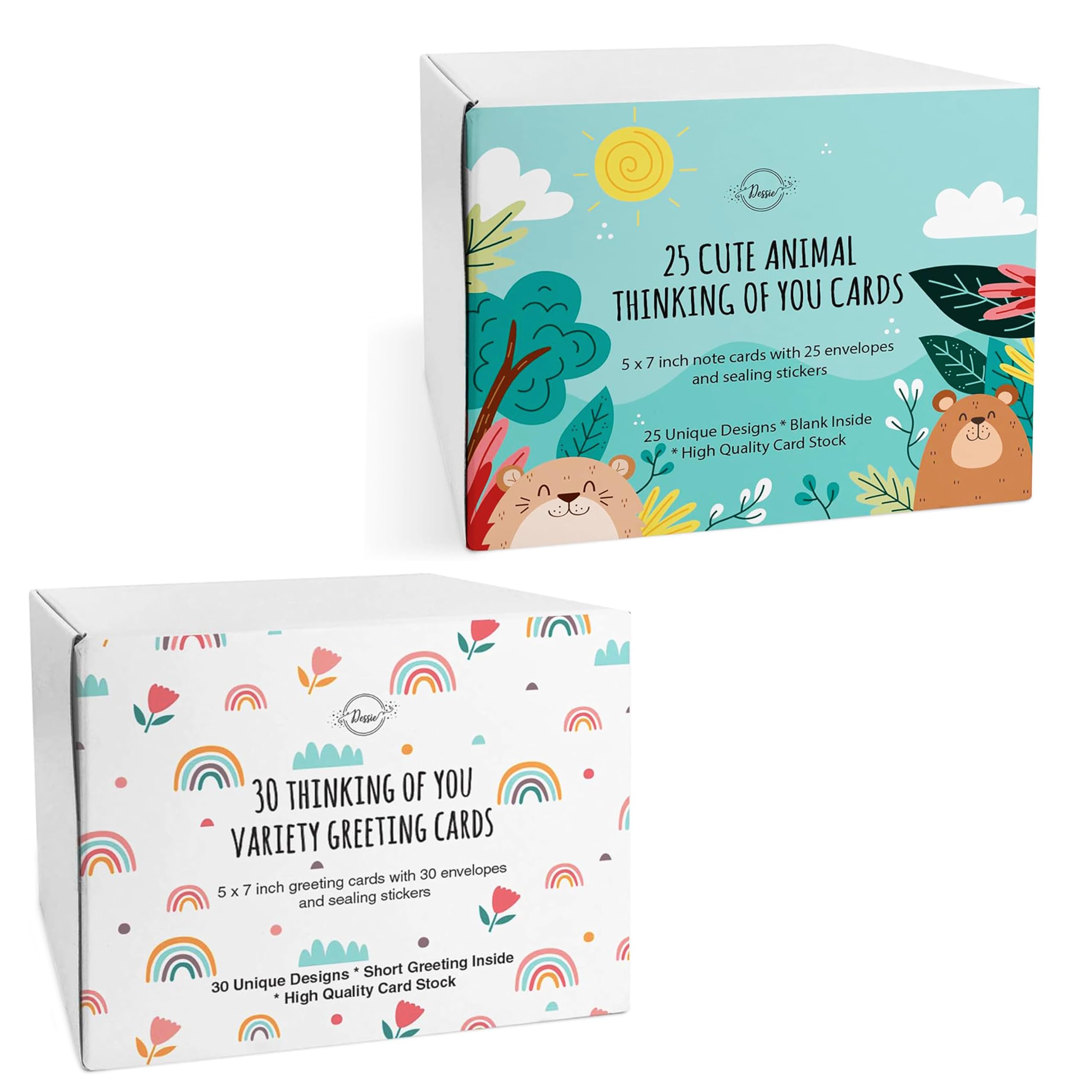 Dessie Thinking Of You Cards Virtual Bundle – 55 Unique Greeting Cards with Short Greetings, Assorted Color Envelopes, Gold Seals, and Storage Box
