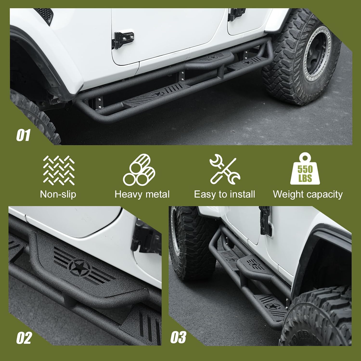 Running Boards Compatible with Jeep Wrangler JL JLU 2018-2025 4 Doors,6.3" 2-Stairs Side Step Rails Carbon Steel Plates Nerf Bars