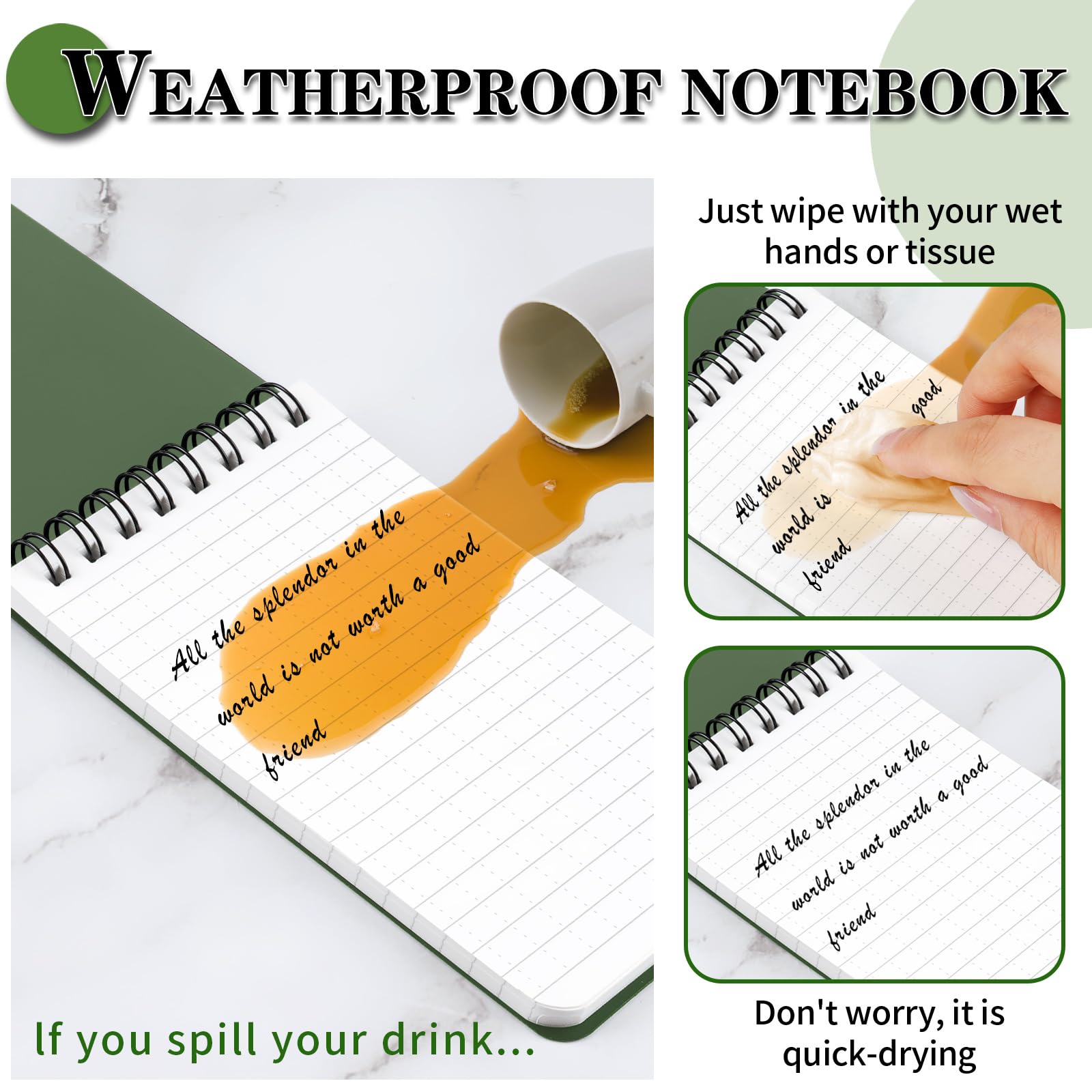 COIDEA Wasserdichtes Notizbuch, 4 Stück, Top-Spiral-Taschen-Notizblock, 7,6 x 12,7 cm, wetterfestes Notizblock, Allwetter-Polizei-Taschennotizbuch, kleine Memo-Steno-Notizblöcke für Outdoor, Büro,