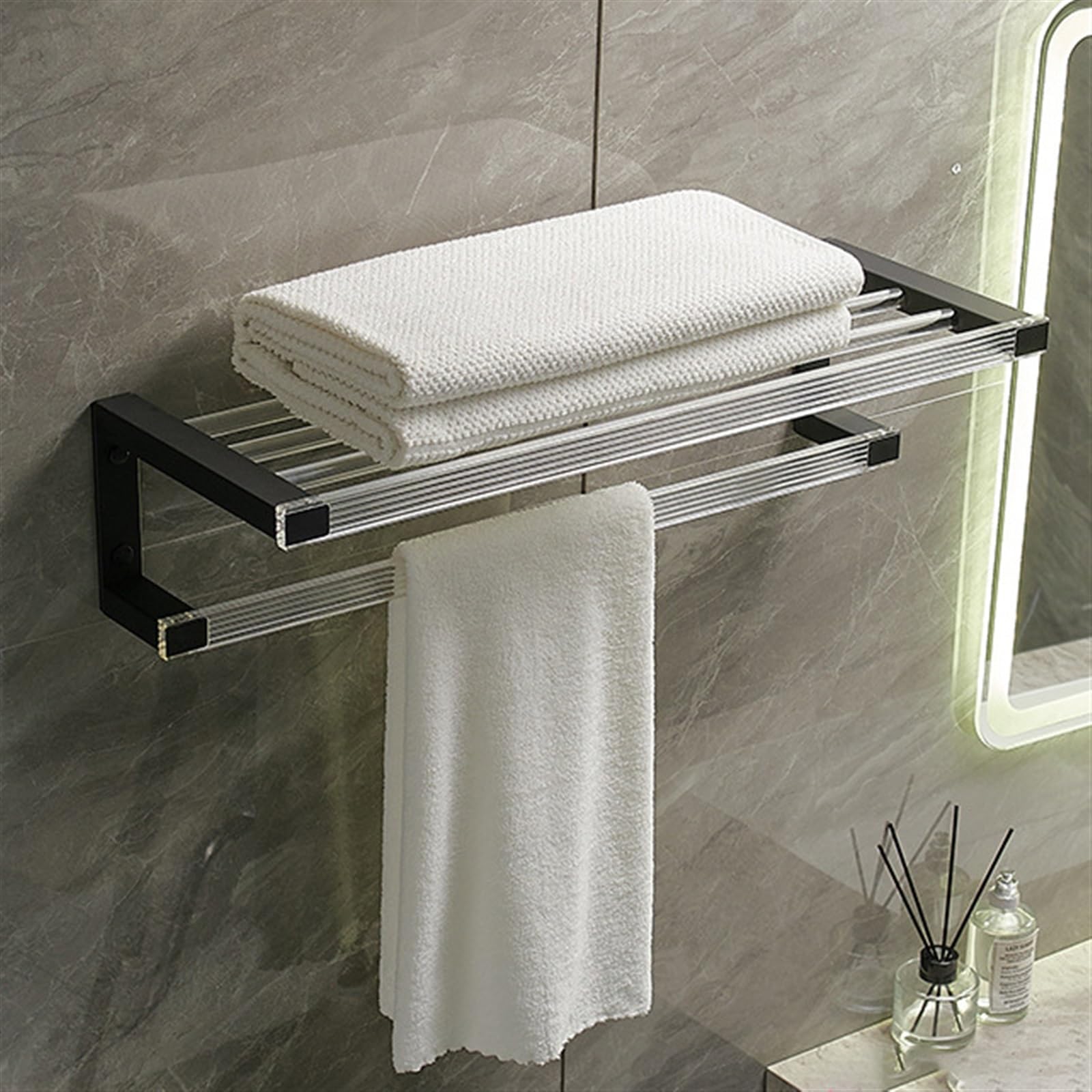 Scaffale portasciugamani in acrilico, organizer decorativo per bagno, cucina, soggiorno, camera da letto, versatile sistema di scaffalatura a parete nero