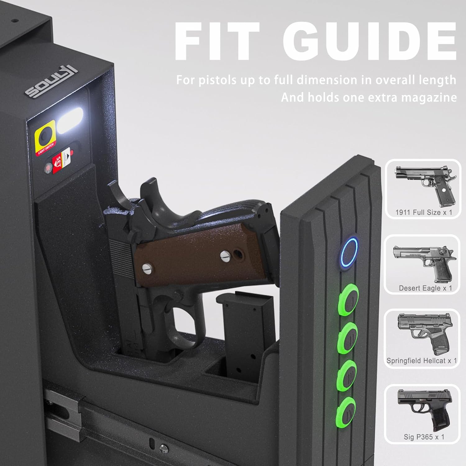 Fit guide for the SOULYI gun safe, showing various pistol models that can be stored.
