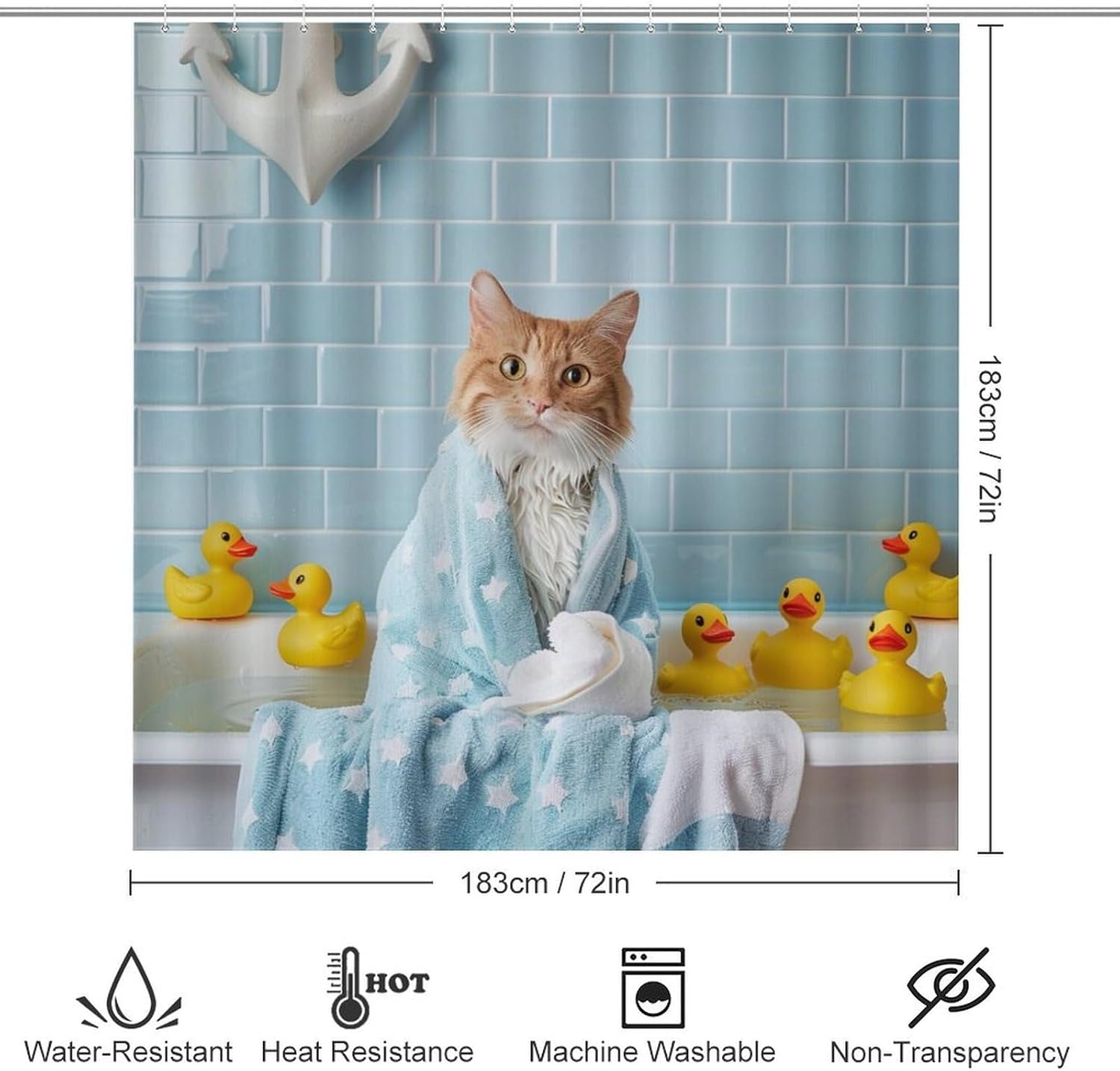 4Pcs Cute Cartoon Duck Cat Shower Curtain Sets, Bathroom Decor Set with Rugs, Bath Mat Funny Bathtub Kitten Shower Curtain, 72 X 72 Inch