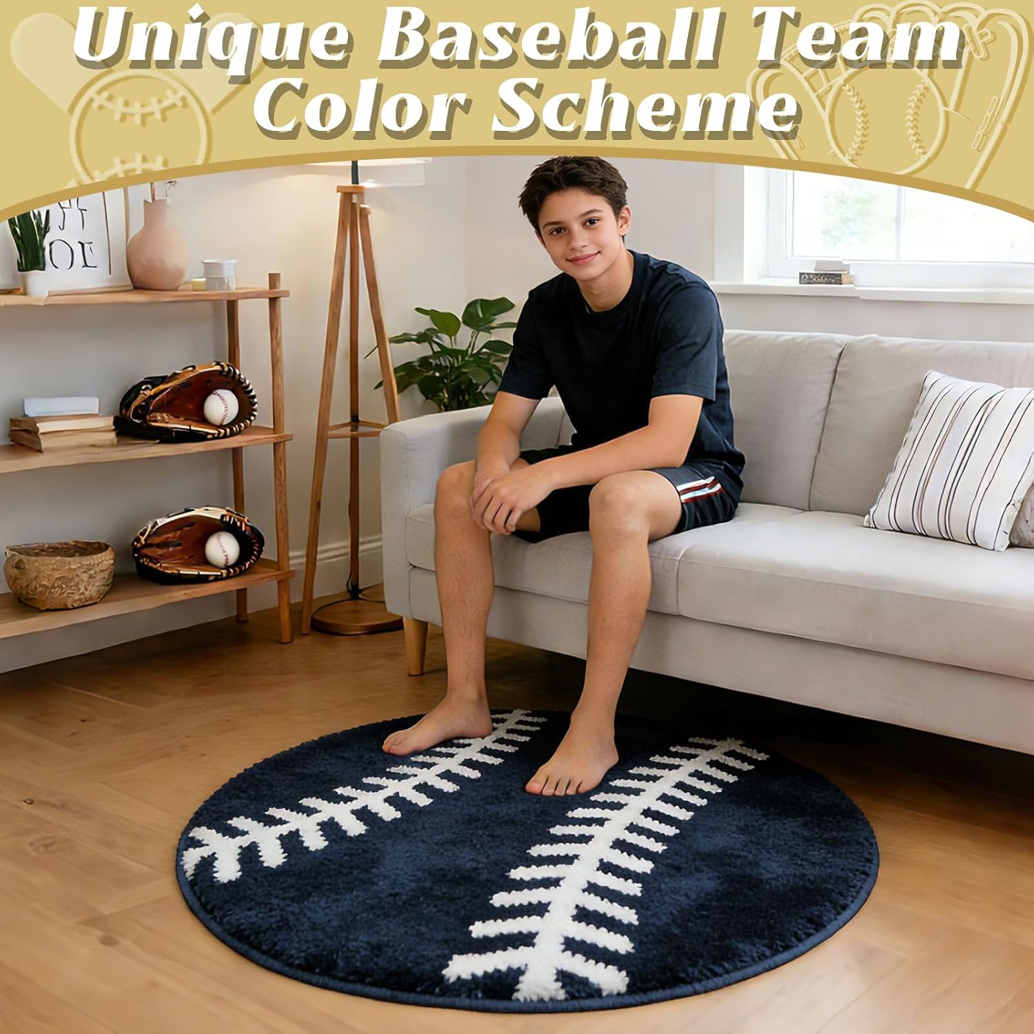 31.5 Inch Round Baseball Rug Navy Blue Sports Carpet with Non-Slip TPR Backing Soft Washable Area Rug for Boys Bedroom Living Room Playroom Room Decor Gifts for Baseball Lovers Sports Team Fans