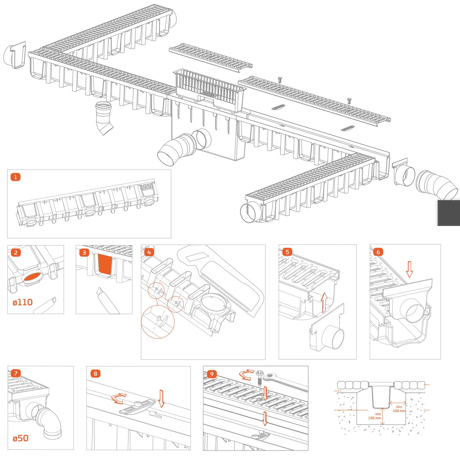 Juego de canalones de drenaje – 98 mm de desagüe de acero galvanizado, transitable para coches, para jardín, patio y terraza, incluye 2 boquillas de desagüe (DN 110, DN 50) (8 m)
