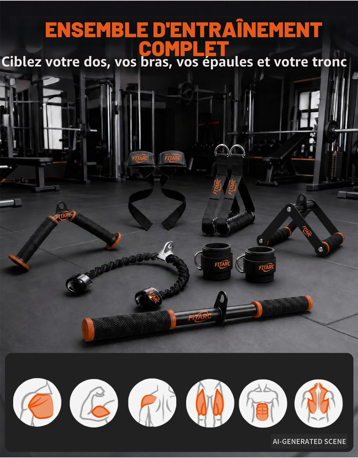 Set d'attaches pour machine à câble Fitarc pour gym à domicile, attaches pour traction LAT et triceps avec poignée en D, barre en V, corde pour triceps, barre droite, poignées étriers, sangles pour