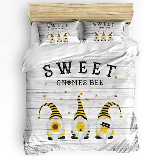 Juego de funda de edredón tamaño matrimonial de 3 piezas diseño de gnomos dulces abeja enano margaritas tablero de madera suave con cierre de