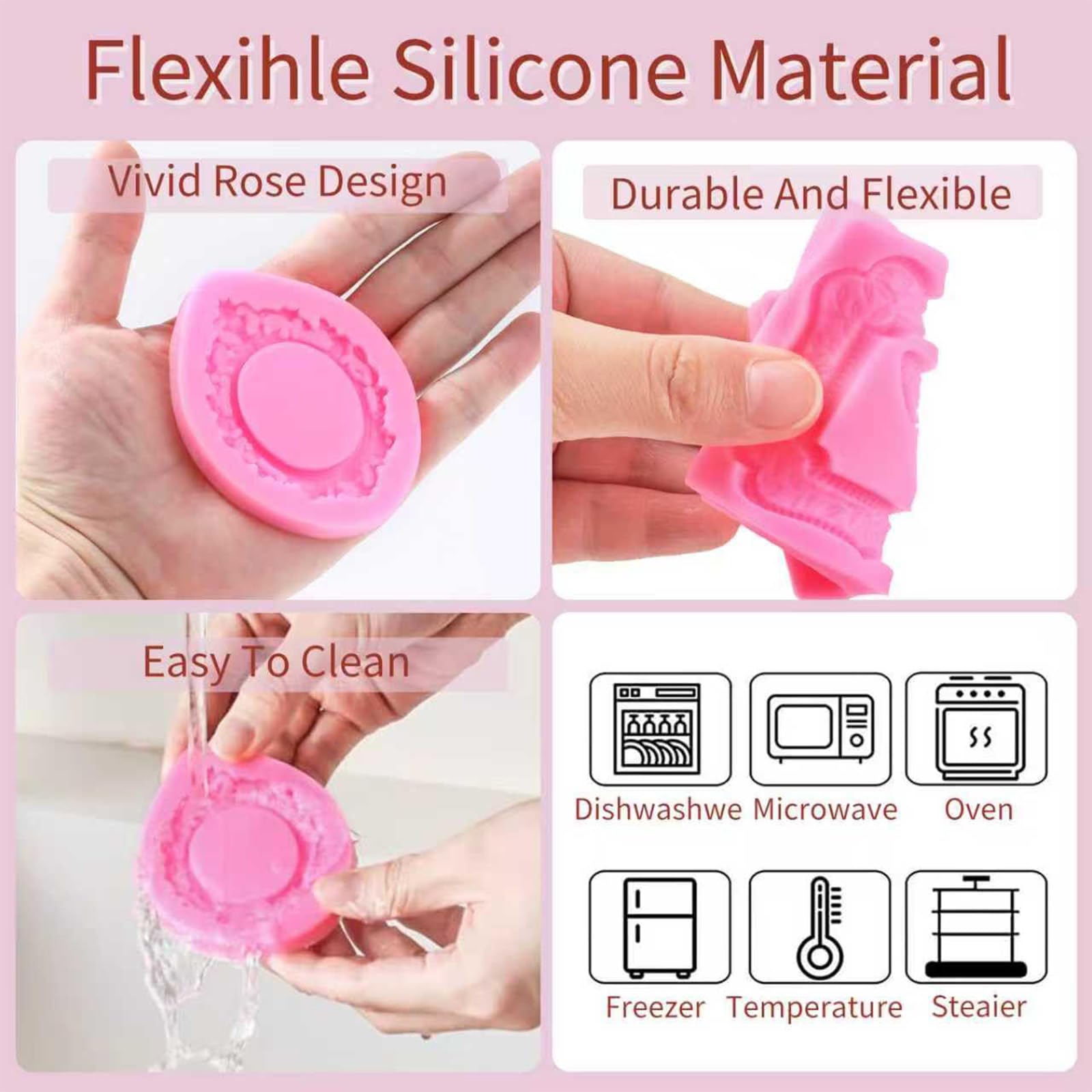 4-Piece Clay Moulds for Art and Craft, Silicone Mould for Clay Art, DIY Sugar Cake Baking Mold, Retro Relief Pattern Photo Frame Round Square Frame Shaped Silicone Mold 2