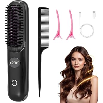 Wireless Hair Straightener Brush Portable Straightening Brush Wireless with 3 Temperature Levels Hair Straightener Brush Wireless Hair Brush Electric Styling Brush for Long Short Hair Women and Girls