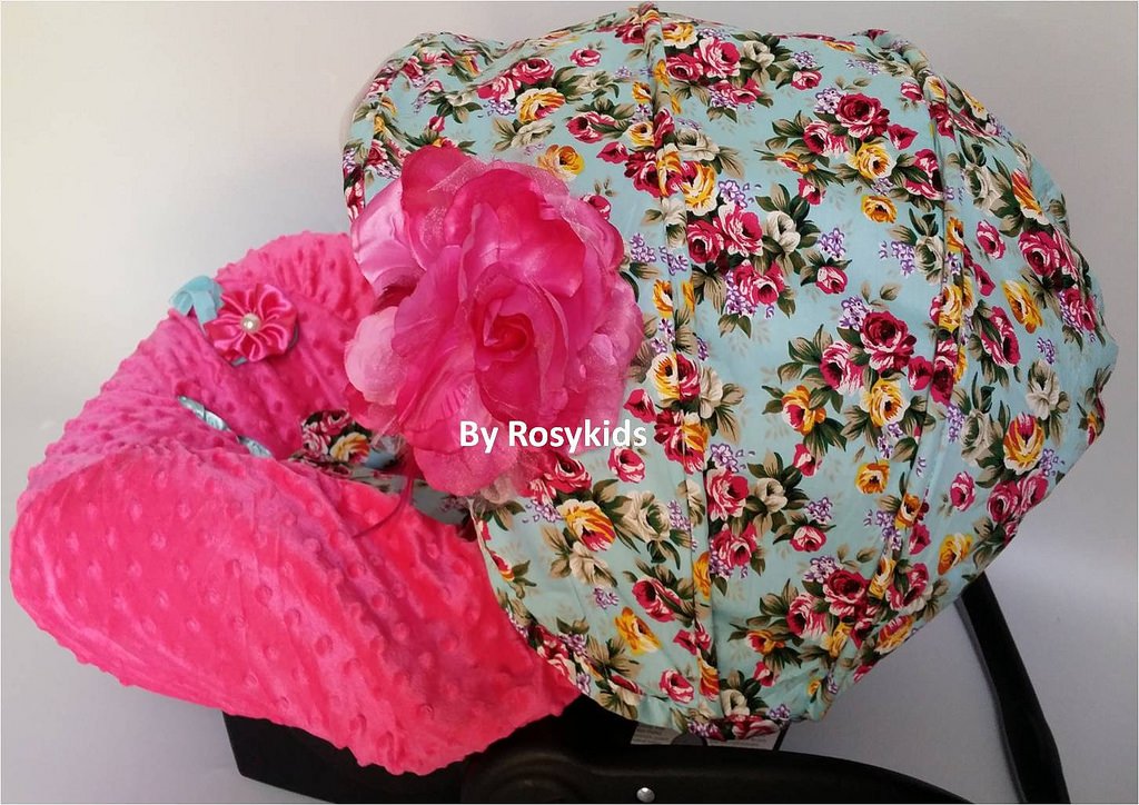 Rosy Kids Infant Carseat Canopy Cover 4pc Whole Caboodle, Baby Car Seat Cover Baby Blanket Outdoor Kit, Turquoise Blue Ground Rose Print