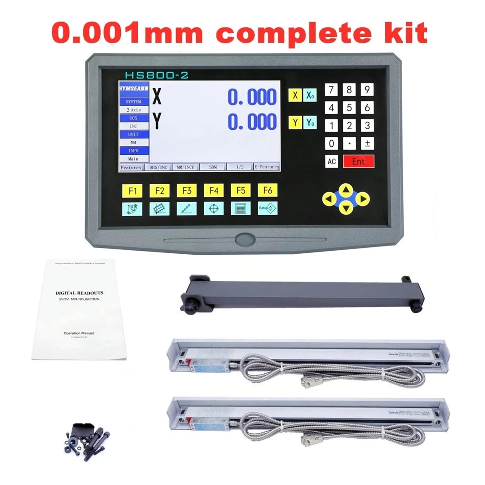 Kit DRO LCD de lectura Digital de 2 ejes, HS800-2, torno giratorio, fresado, pantalla de lectura Digital y codificador de e lineal S, regla de rejilla Precisión y multifunción(500mm,0.001mm complete s