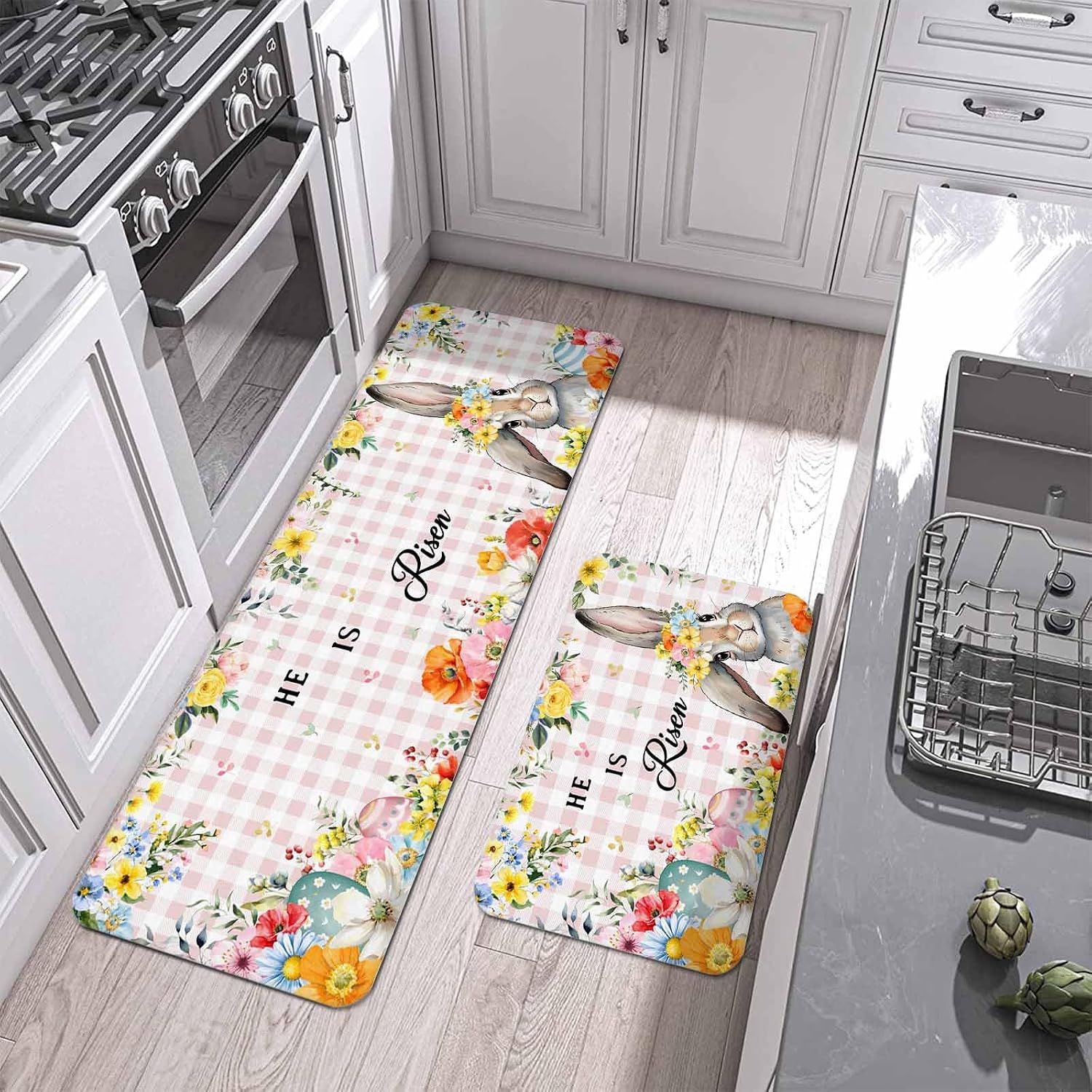 Happy Easter Kitchen Mats Set of 2 Spring Gray Bunny Yellow Floral He is Risen Pink Plaid Non Slip Mat Washable Floor Rug for Kitchen Sink Floor Laundry, 15.7"x23.6"+15.7"x47.2"