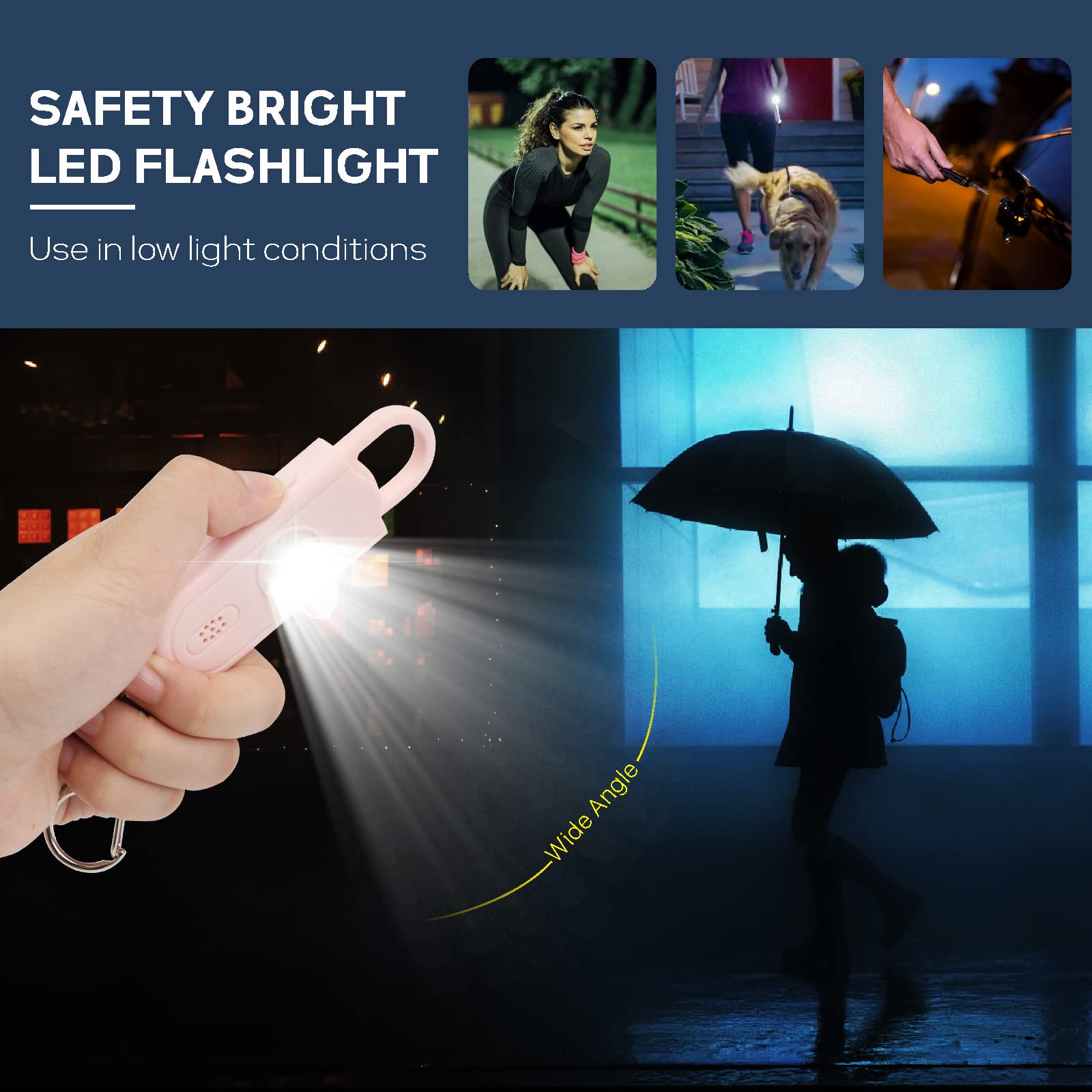 2 llaveros de alarma de seguridad personal para mujeres, alarma de sonido segura para mujeres, sirena de defensa fuerte con luz estroboscópica LED, llavero de seguridad personal