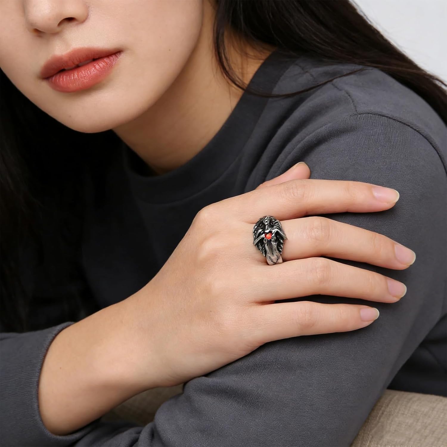 HZMAN Men Women Dark Gothic Rings Vintage Red Love Cubic Zirconia Rings Open Your Heart Personality Rings - Image 3