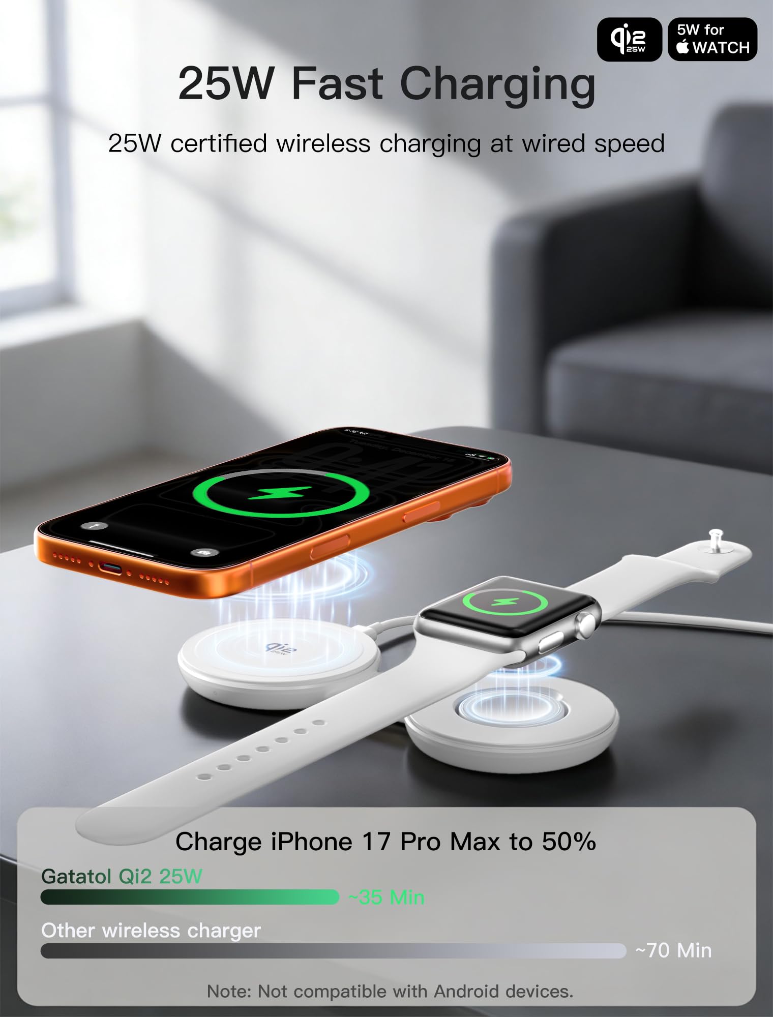 Magnetyczna Stacja Ładująca 2 w 1, Certyfikat Qi2 25W, Składana, Kompatybilna z MagSafe do iPhone Air/17/16/15/14/13/12, Apple Watch & AirPods (z adapterem 30W)