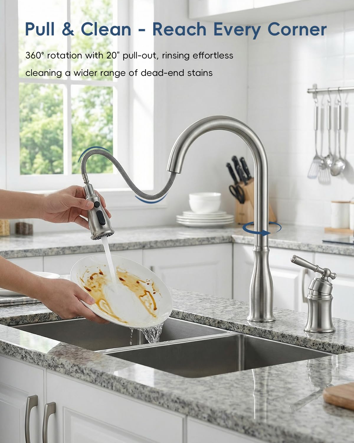 DAYONE - Grifos de fregadero de cocina de 3 agujeros con pulverizador extraíble y dispensador de jabón, llave de fregadero de níquel cepillado de 2 agujeros para cocina, arco alto de un solo mango