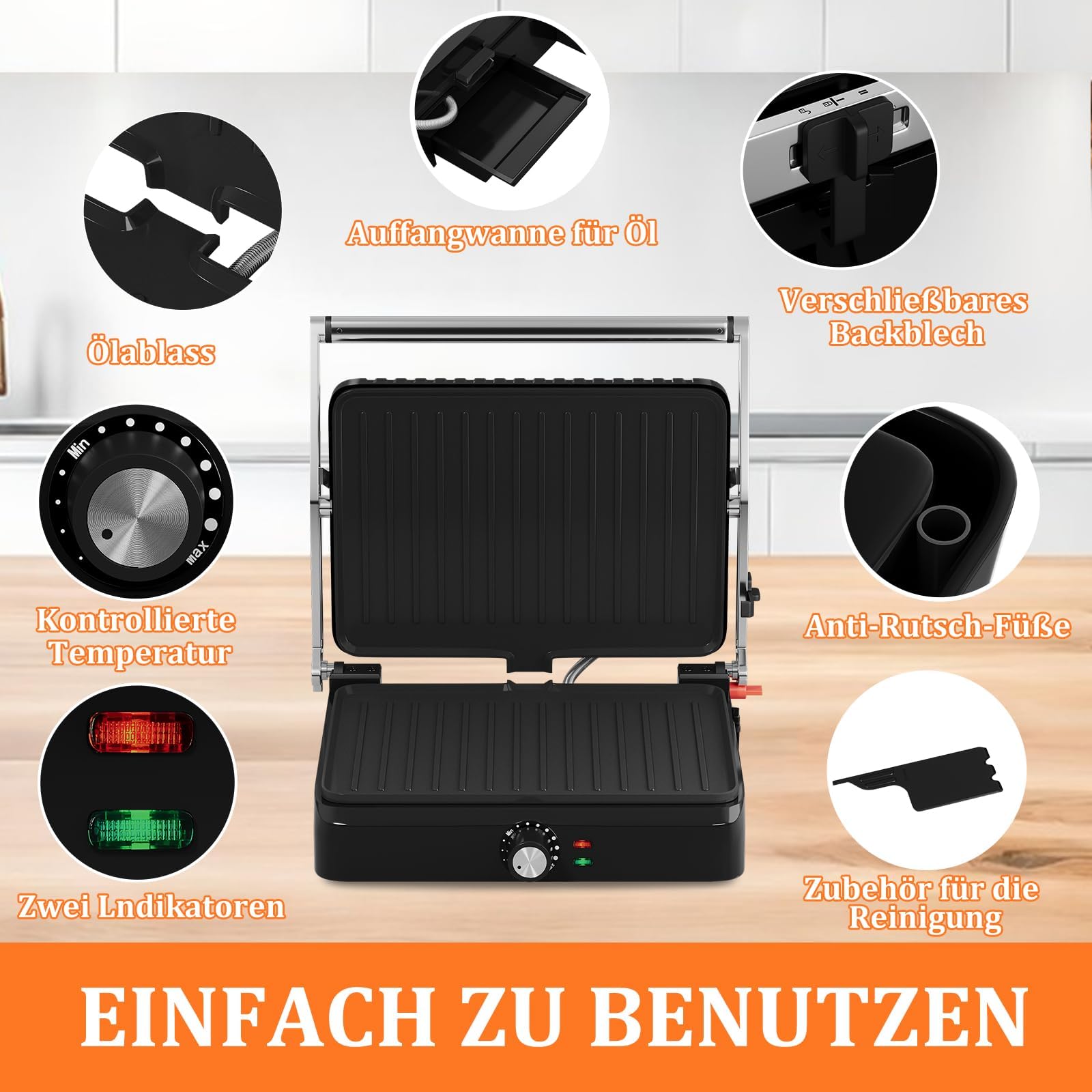 HOMELUX Griglia a contatto 2200 W, sandwich per panini, carne, con piastre antiaderenti 34 x 23 cm, raschietto per pulizia, apertura a 180°, temperatura regolabile, vassoio raccoglitore