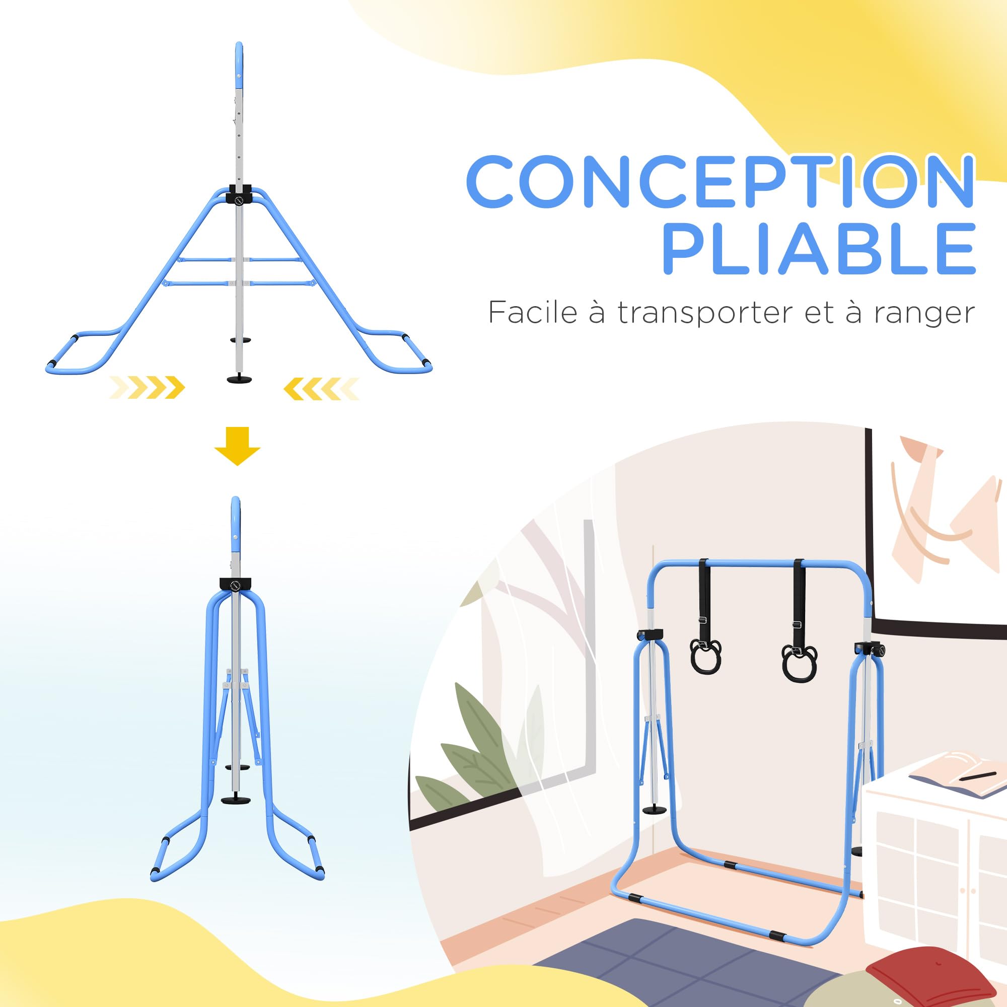 HOMCOM Barre de Gymnastique pour Enfants, Barre Horizontale, équipement de Gymnastique Pliable à Hauteur réglable 88-128 cm avec Anneaux de Gymnastique