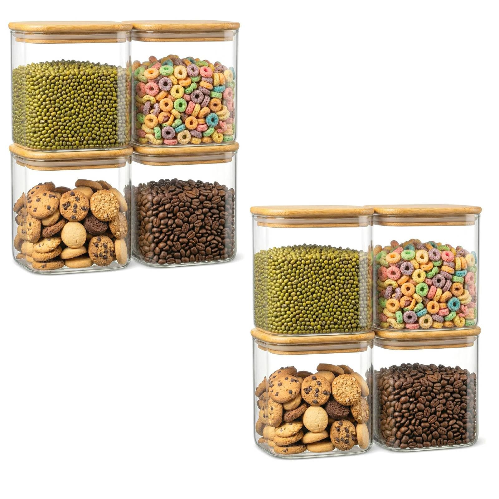 Sunnynest Clear 2 Psc Glass Storage Jars With Bamboo Lids Set Of 4, 900Ml Airtight Square Kitchen Canisters, Clear Pantry Containers For Flour, Rice, Pasta, Cereal, Coffee & Sugar (Clear 2 Psc)
