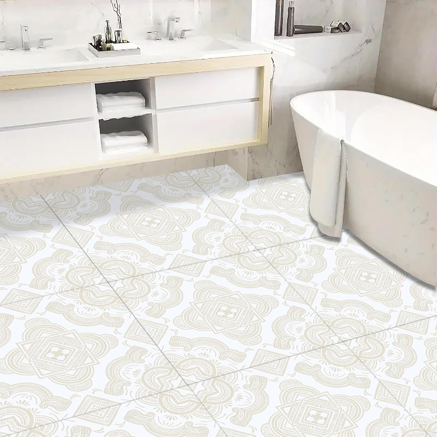 10PCS Peel and Stick Floor Tiles 12x12 Inch Beige White Geometric Moroccan Self Adhesive Vinyl Flooring Square Planks for Kitchen Bathroom Bedroom Living Room Home DIY Decor