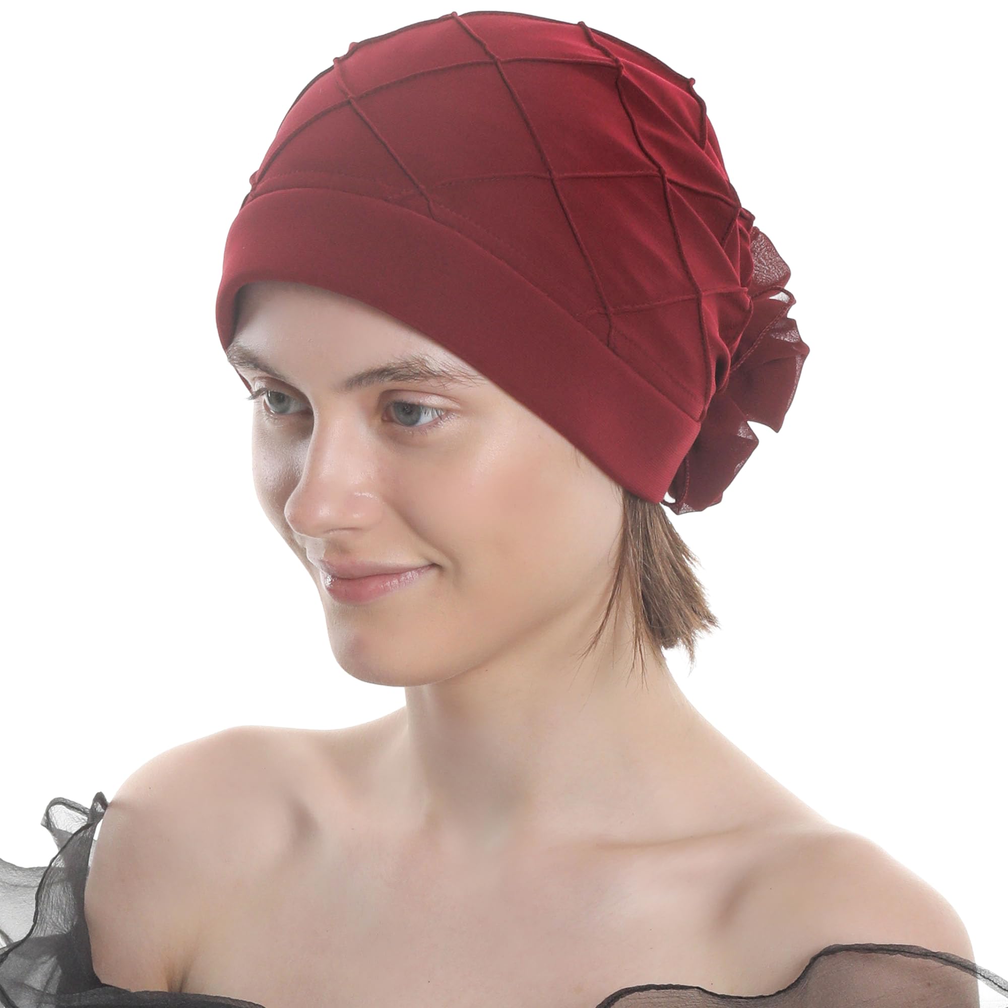 WISTERIA HEADWEAR Check-Pattern Practical Hat for Chemo, Hair Loss, Alopecia, with Pretty Flower Detail (Burgundy)
