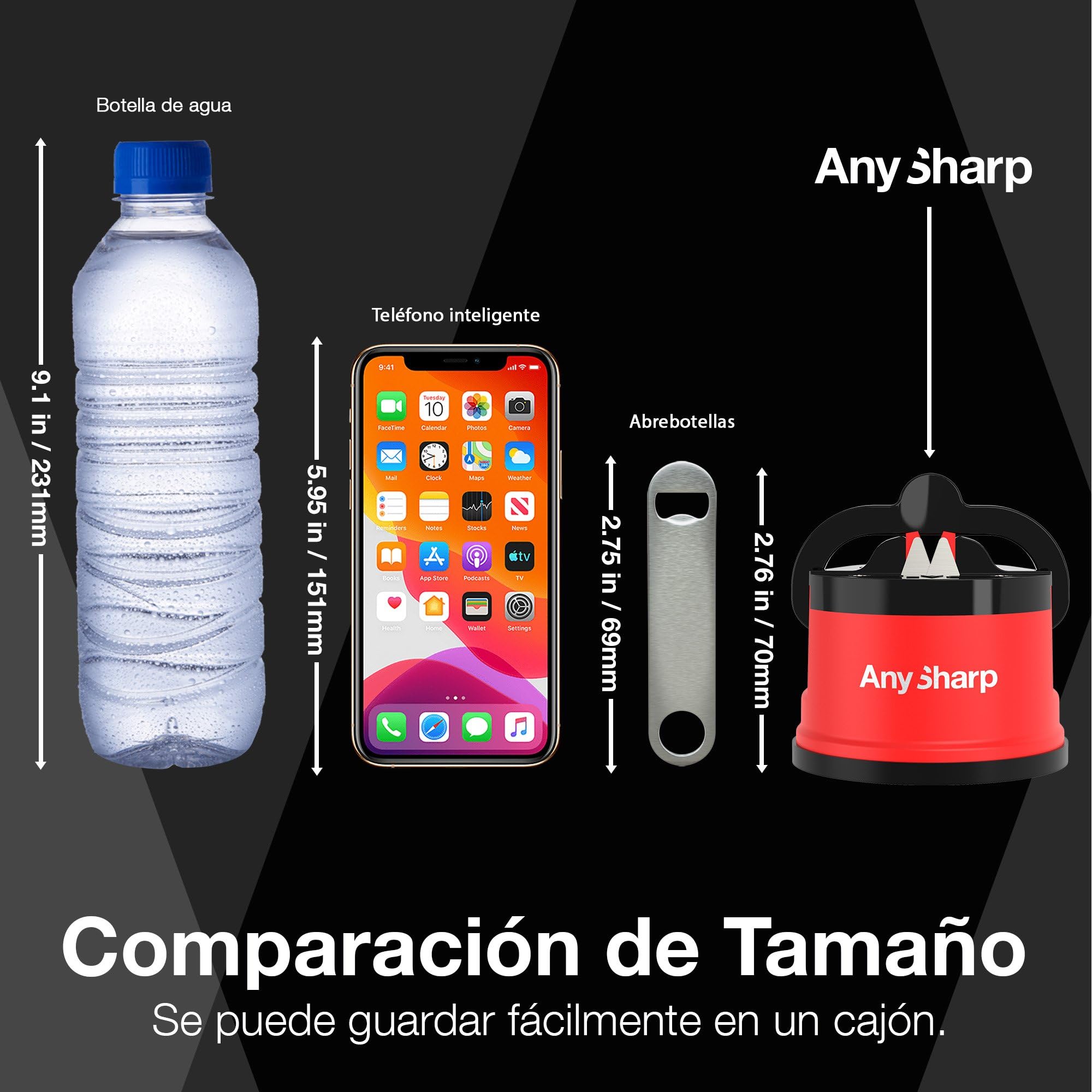 AnySharp Afilador de Cuchillos, Seguridad sin Manos, Ventosa, Afila con Seguridad Todos los Cuchillos de Cocina, Ideal para Acero Endurecido y Dentados, El Mejor del Mundo, Compacto, Rojo