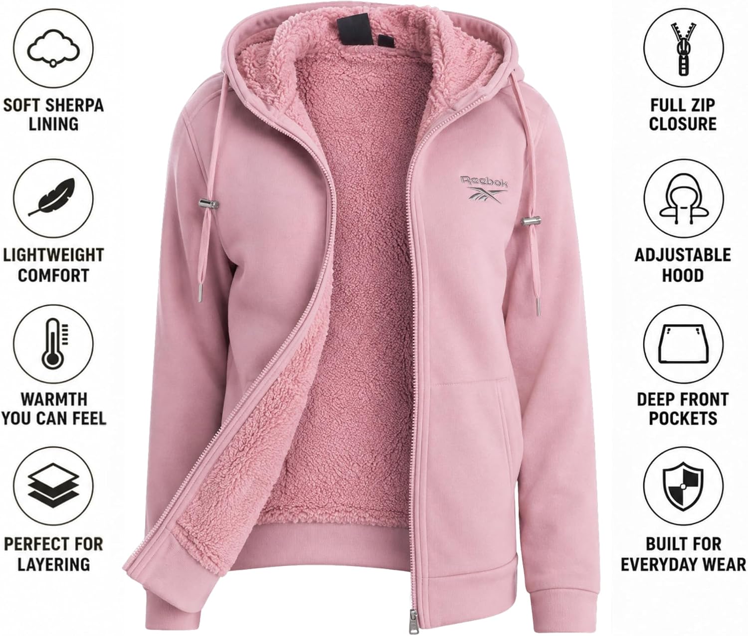 Reebok Womens Fleece Jacket Sherpa Lined Midweight Full Zip Hooded Jacket