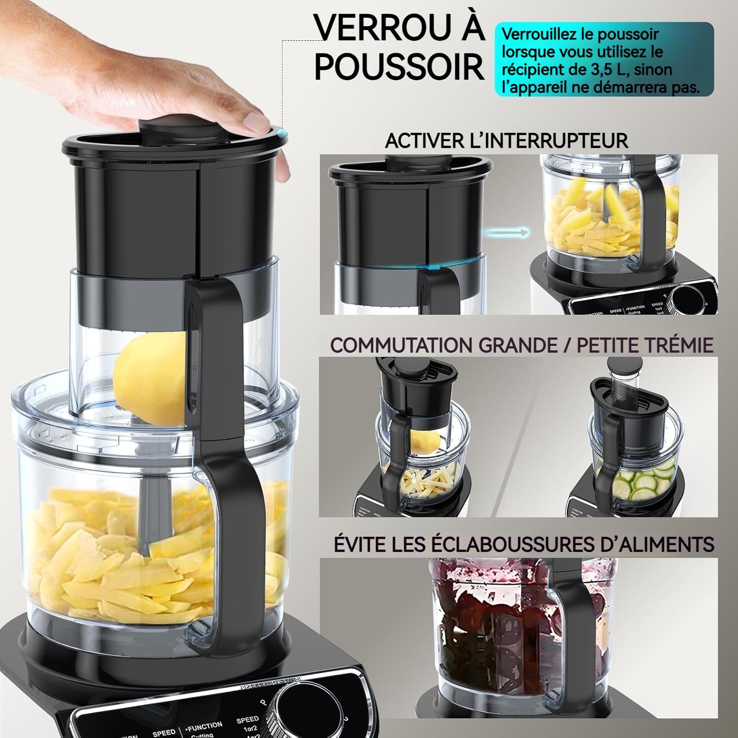 FIMEI Robot Cuisine Multifonctions 1300W, 3 Vitesses et Fonction Pulse, 3,5L Hachoir, 1,5L Mixeur, Moulin, Presse Agrumes, Pétrin à Pâte, Fouet, Râpe, Disque Tournant, Sans BPA