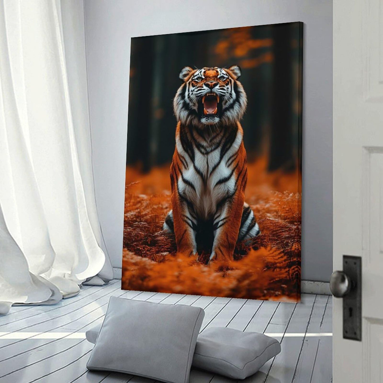 Junmoney Roaring Tiger in Autumn Forest Hanging Wall Art, 12x18inch(30x45cm), for New Homes, Bedrooms Or Workspaces, Thoughtful Wall Decor for Art Lovers