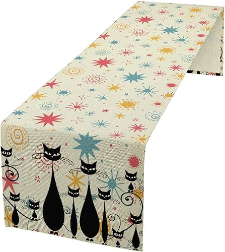 Camino de mesa de mediados de siglo, divertido gato negro retro abstracto geometría atómica camino de mesa para el hogar, cocina, decoración de mesa