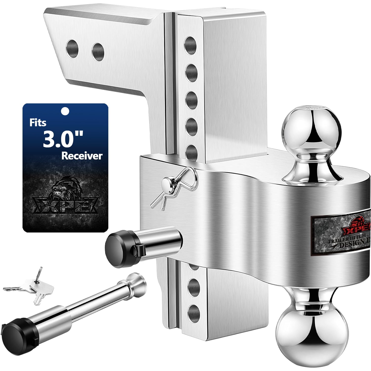 XPE Trailer Hitch,Fits 3-INCH Receiver, 8 Inch Drop/Rise Drop, Chrome Plated Steel Tow Balls (2 inch X 2-5/16 inch ), Heavy Duty Adjustable Ball Mount - 21,000 Gtw with Trailer Locks, Silver X-313008