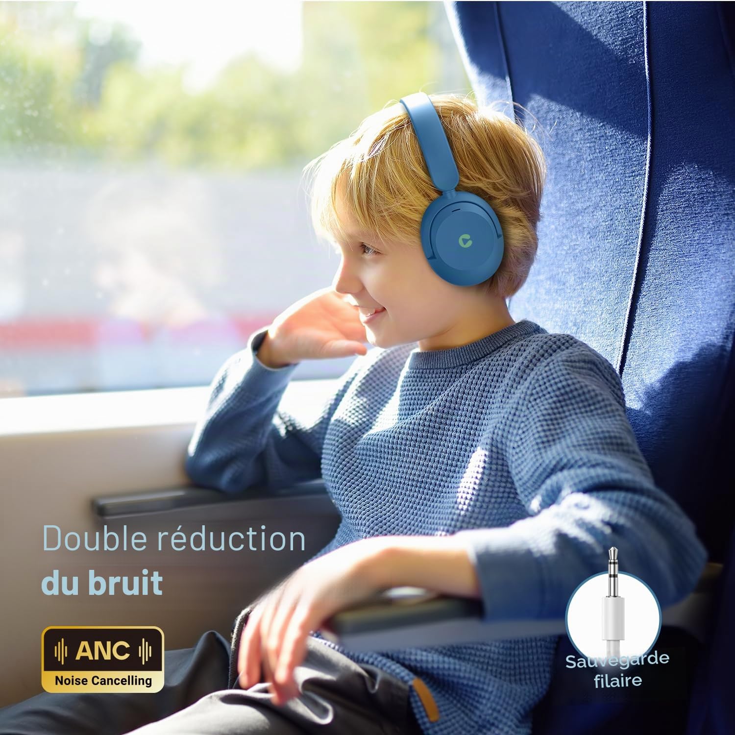 iClever BTH20 Casque Réduction De Bruit Active pour Enfants 60H d'Autonomie | SafeSound Tech3.1, Charge USB C, Câble AUX, Bluetooth 5.4, Primé et Résistant Écouteurs Enfants pour Tablette PC