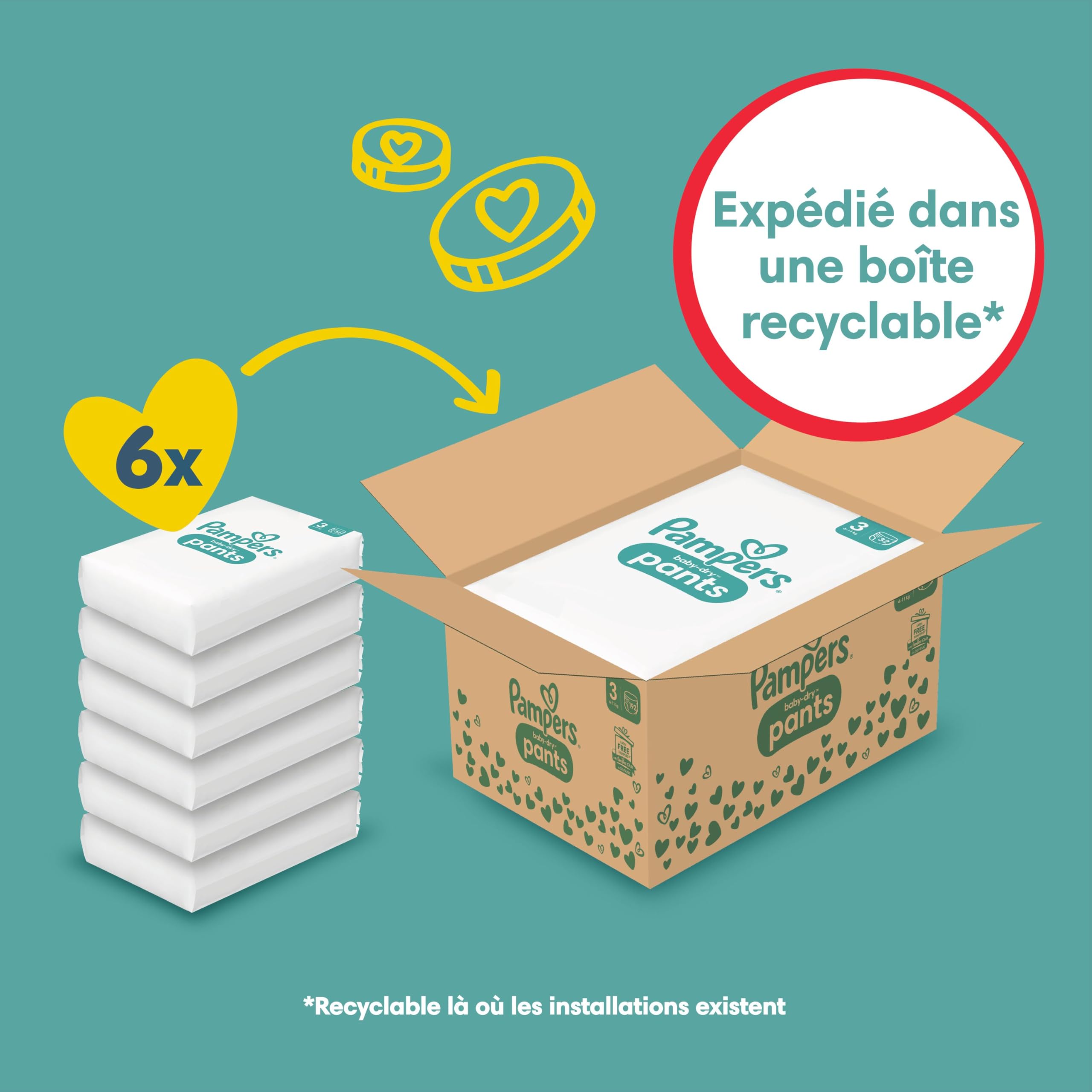 Pampers Couches-Culottes Baby-Dry, Taille 3, 192 Couches, 6kg - 11kg, Avec Une Poche Stop & Protect Pour Éviter Les Fuites À L’Arrière