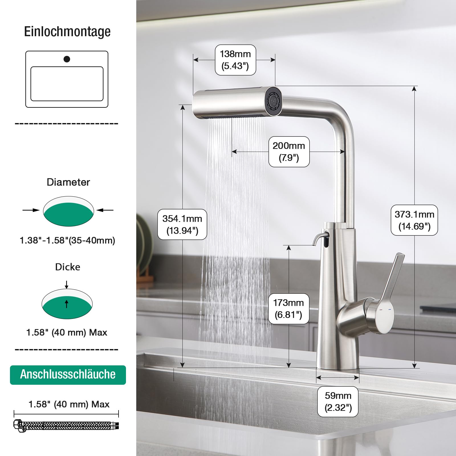 CREA Wasserfall Wasserhahn Küche Ausziehbar,Mischbatterie mit Seifenspender | 360° Drehbar Edelstahl Küchenarmatur mit 4 Strahlarten Brause,Einhebel küchenwasserhahn mit Seifenspender,Gebürstet