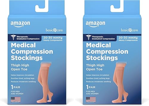 Miniatura 9 de Tienda Basic Care Medias de compresión médica, soporte de 20-30 mmHg, manguera hasta el muslo para mujeres y hombres, puntera abierta, beige, grande