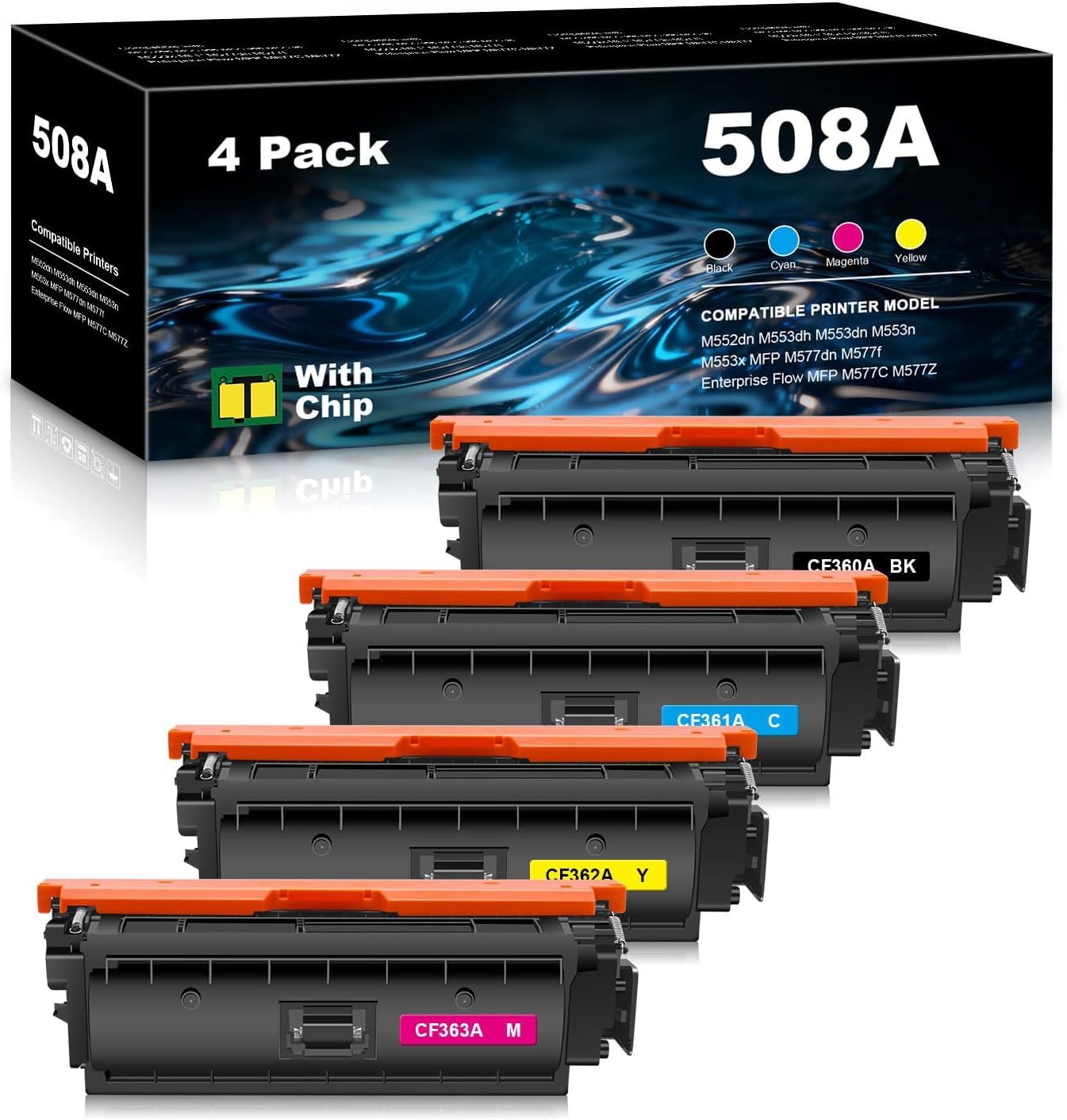 508A Toner Cartridges Set 4 Pack Replacement for HP 508A 508X CF360A CF361A CF362A CF363A Compatible with Color LaserJet Enterprise M553 M552 MFP M577 Printer (BK Y M C)