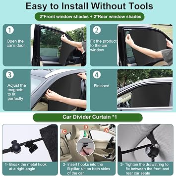 Magnetic Car Window Shade,Set of 5 Magnetic Car Window Curtains for Privacy | Privacy Divider Curtains & 4 Pcs Car Side Window Sun Shades,Heat Insulation, UV Block, Car Side Window Covers for SUV,Sedan