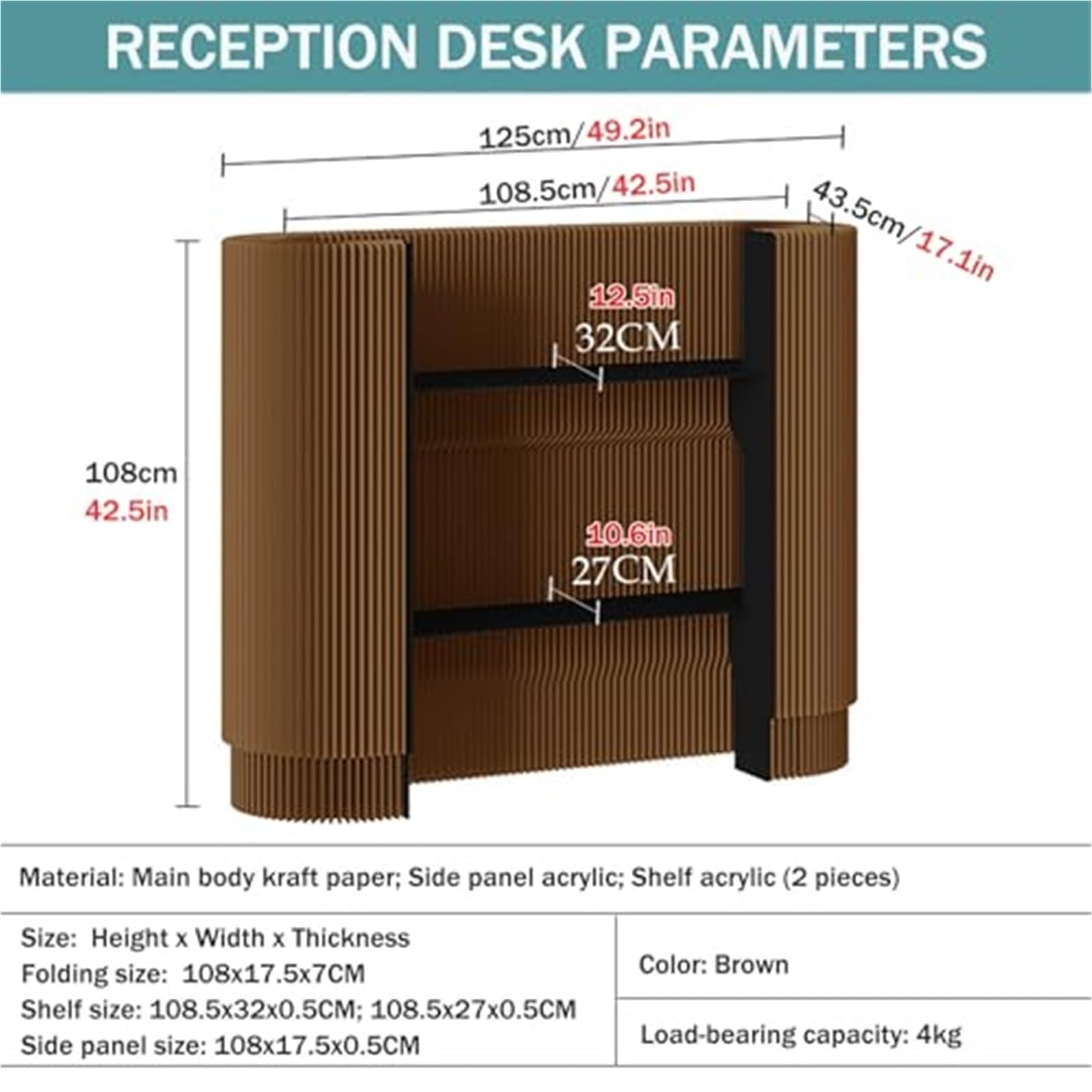 Moderno banco di ricezione curvo portatile contanti per negozi fiere tavolo compatto display per piccoli spazi ideale per bar, negozi, hotel (marrone)
