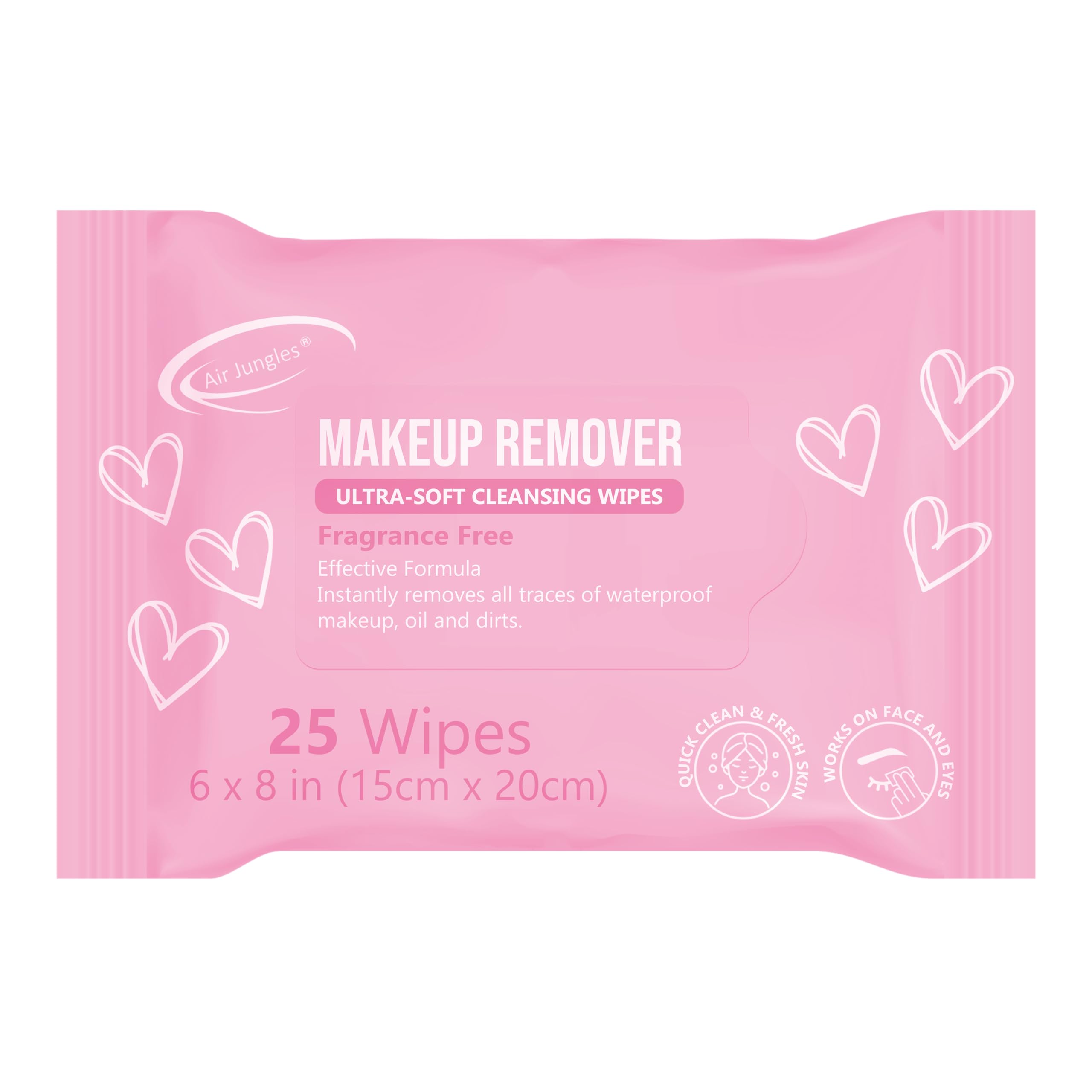 Air Jungles Makeup Remover Wipes 25 Count, Alcohol-Free & Fragrance-Free, Extra Large Facial Towelettes for Face & Eyes, Removes Waterproof Makeup, Infused with Vitamin E