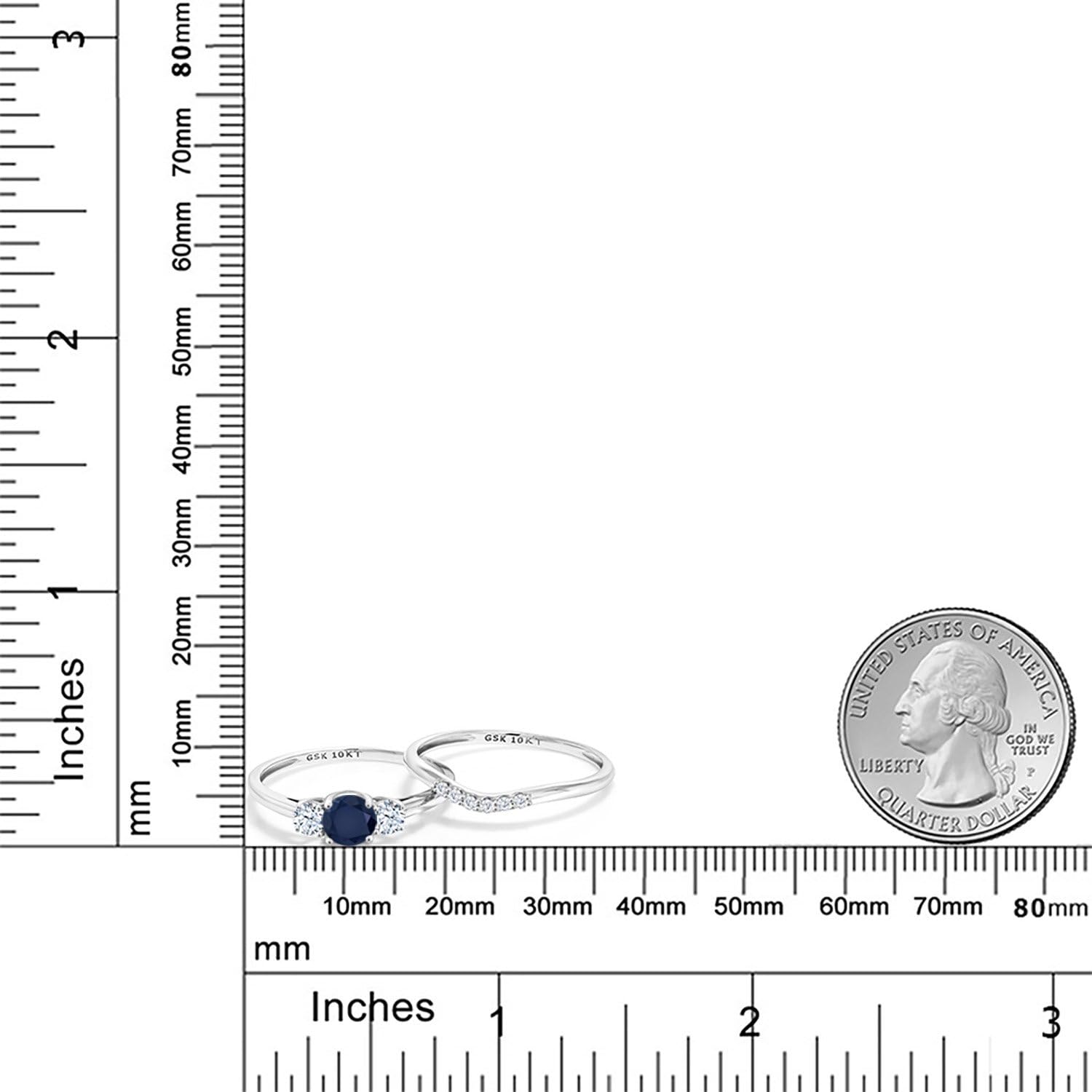 Gem Stone King 3-Stone Bridal Engagement Wedding Ring Set For Women | 10K White Gold Gemstone Birthstone White Created Sapphire and Lab Grown Diamond | Round 5MM and 3MM | Available in Size 5,6,7,8,9