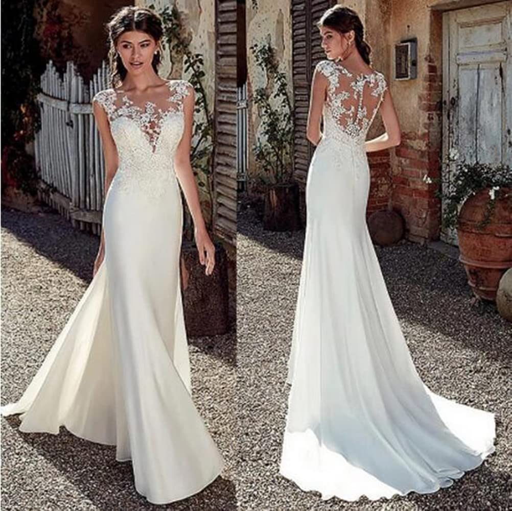 TSxuelian Vestido de novia largo sin mangas de sirena de encaje para mujer