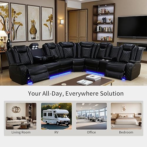 Miniatura 7 de Juego de sofá reclinable eléctrico con luz LED, sofá seccional de cuero, juegos de muebles para sala de estar, juegos modernos de sofá reclinable