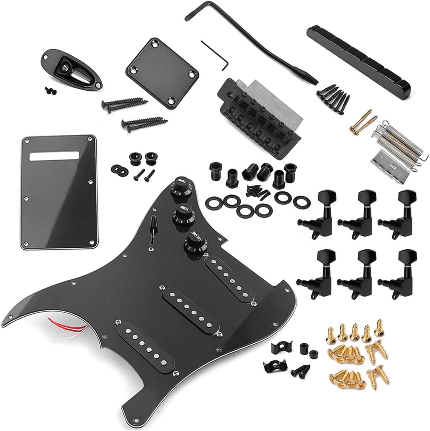 ST Style Electric Guitar Full Set DIY Accessory Kit Including Prewired Pickguard Bridge SSS Pickups and Other Accessories Black