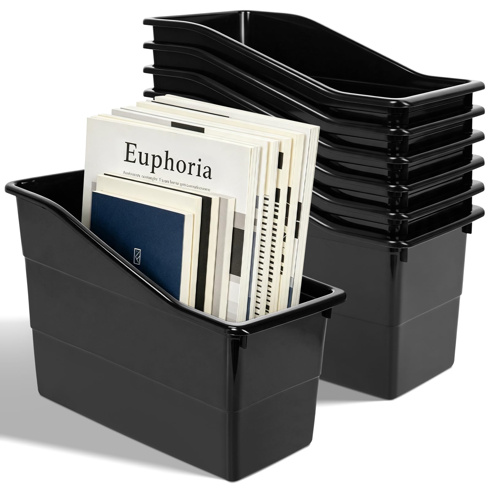 6 Black Durable Book and Binder Holder, Files Book Bin for Classroom Office
