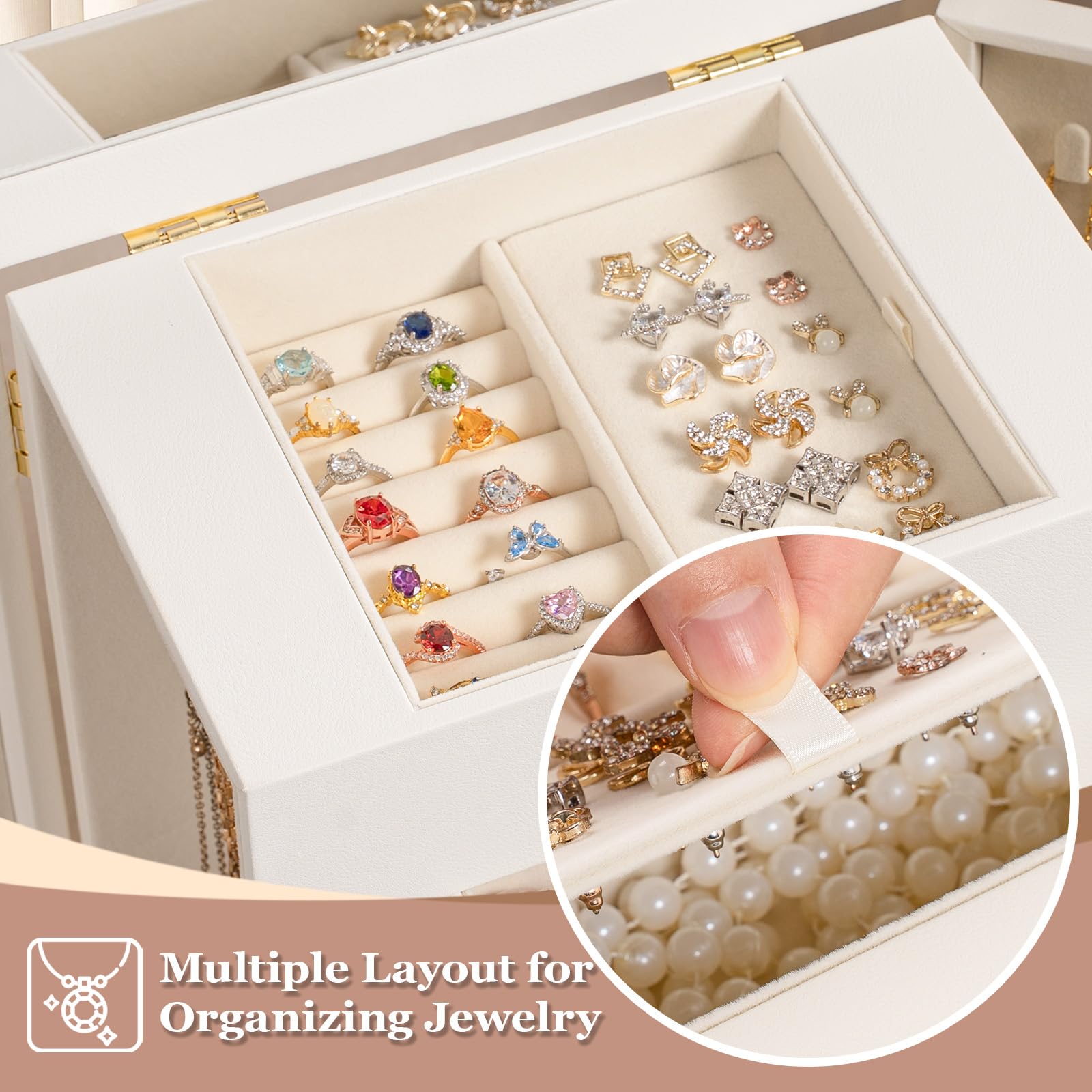 Schmuckkästchen, Schmuckaufbewahrung, Schmuckkasten Groß Leder für Halsketten Ohrringe Armbänder Ringe, 5 Ebenen Schmuck Organizer Schmuckbox mit Schubladen und Spiegel (Weiß)