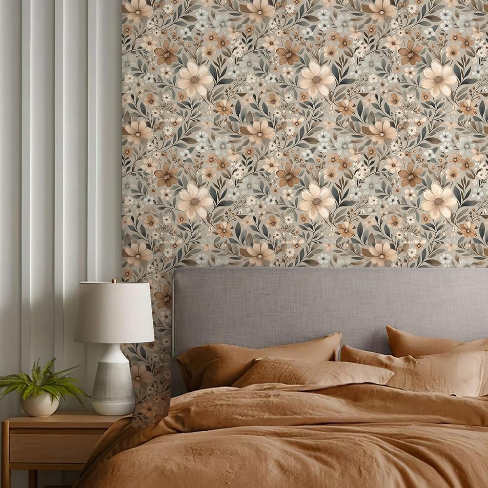 REDAMANCY 17.7"x236" Vintage Brown Beige Wildflower Peel and Stick Wallpaper Modern Wall Paper Stick on Contact Paper Easy Peel Off for Bedroom nightstand Drawer Renter Friendly