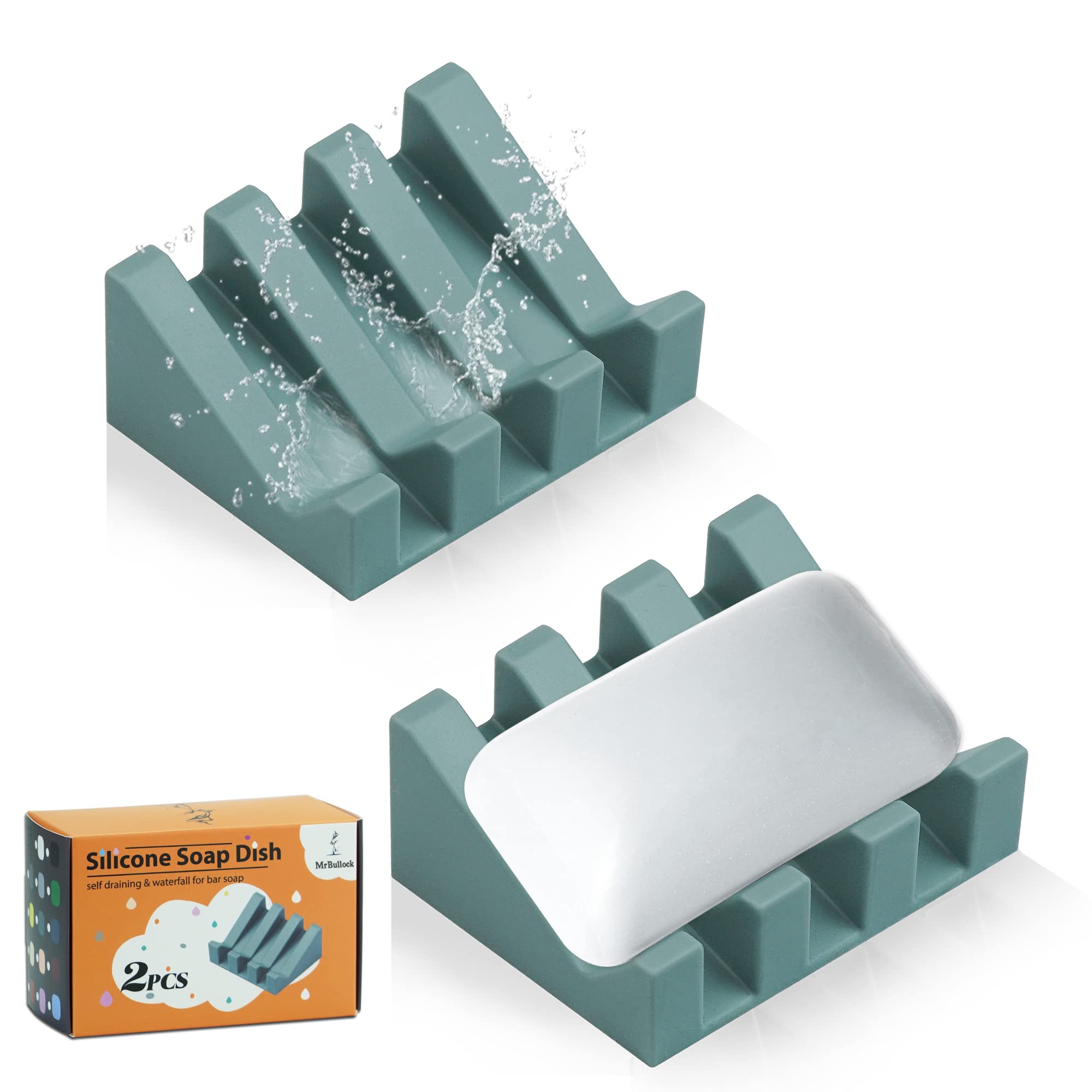 Silicone Soap Dish for Bar Soap Holder for Shower Bathroom Self Draining Waterfall Drying Tray Keep Soap Bars Dry Clean & Easy Cleaning (Green, 2)